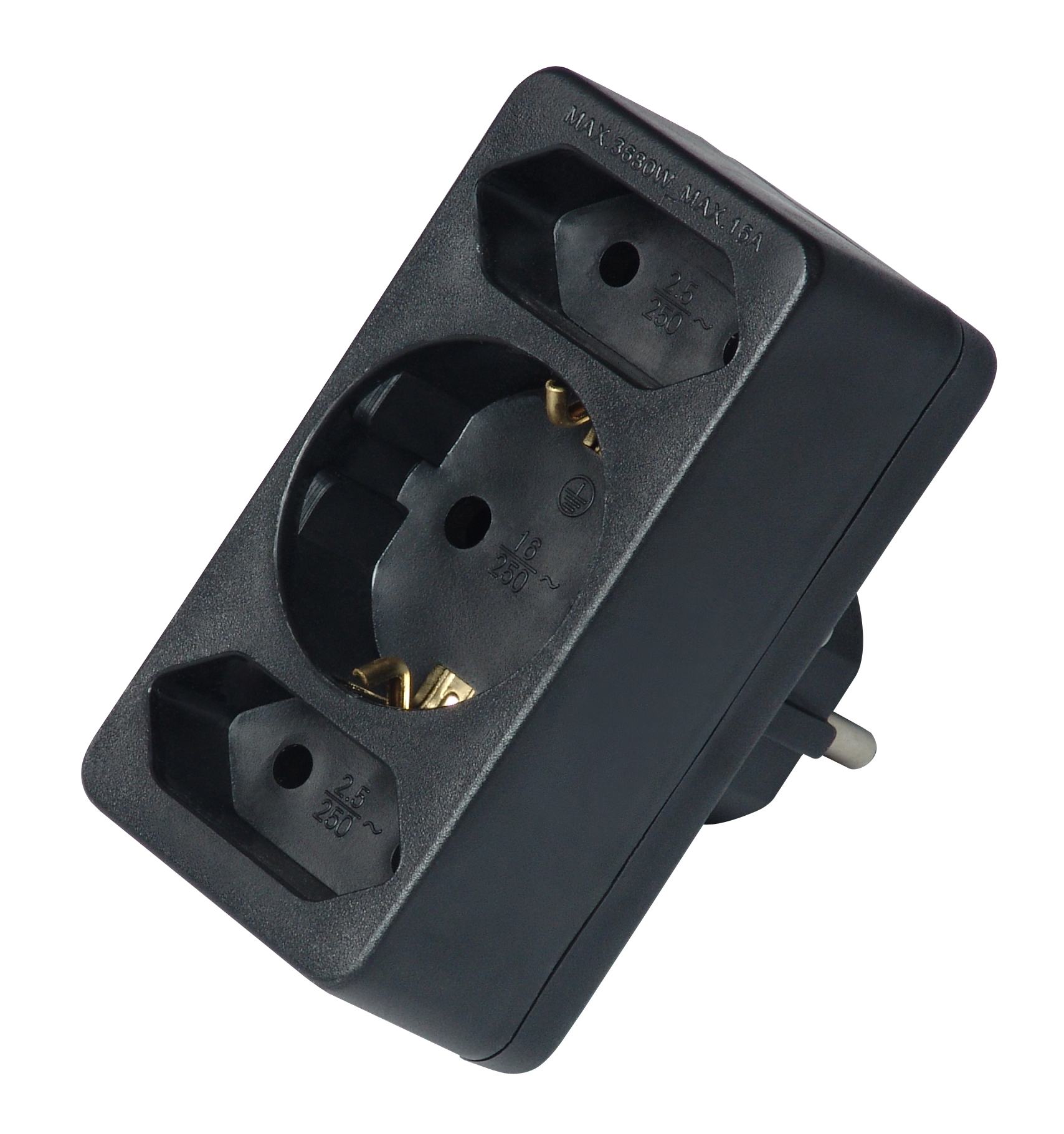 3-way adaptor - 2 Euro 2,5A 250V + 1x grounded 16A 25 V, black