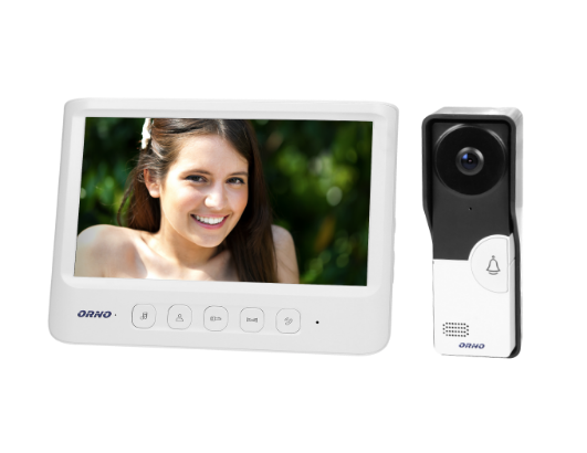 Single family videodoorphone IMAGO 7", white ultra slim 7" LCD monitor with smooth adjustment of parameters, 16 ringtones and gate control function. CMOS camera, protective rain cover included.