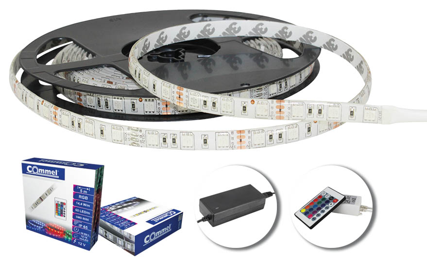 LED strip light SMD 5050 (30 LED/m), 3m, 21,6W,  3000K, adapter 2A, IP20, with 3M adhesive on the back WW 7,2W/m