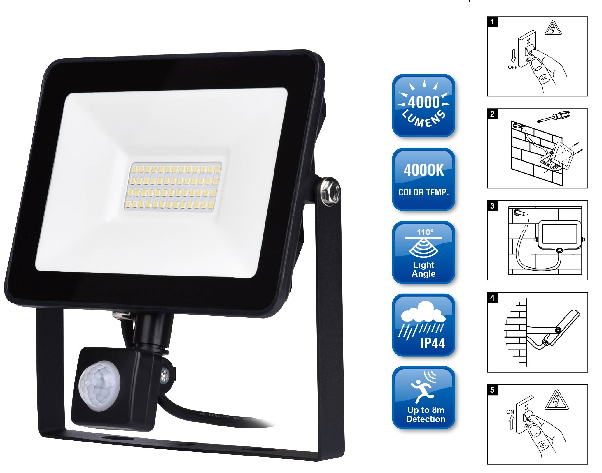 LED Floodlight with sensor 50W IP44 4000Lm  4000K Ra>80 205*195*52mm AC220-240V black