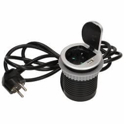 Flush-fitting furniture socket with USB charger and 1.8m cable, schuko